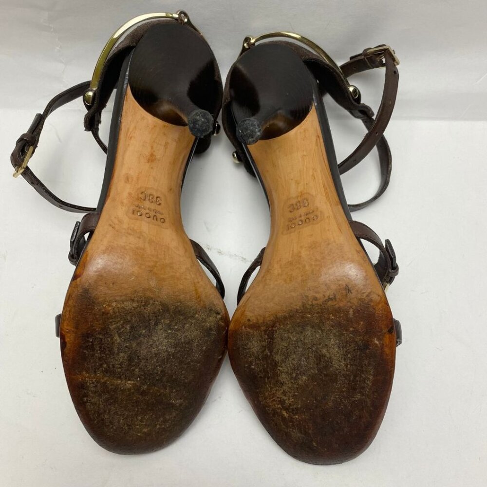 GUCCI Logo Horsebit Equestrian Chocolate Leather /Suede Strappy Heels Size 38 - Picture 8 of 10